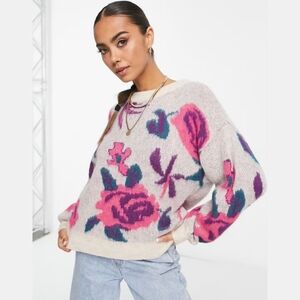 VILA Floral Knit Sweater - Pink and Purple Wool Blend, Oversized, Size Small Nwt